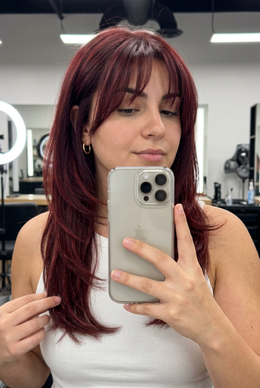 Cherry Cola Red Layers 2026 with Curtain Bangs long layered haircut in cherry cola red with crimson highlights, wispy curtain bangs — romantic sultry bohemian