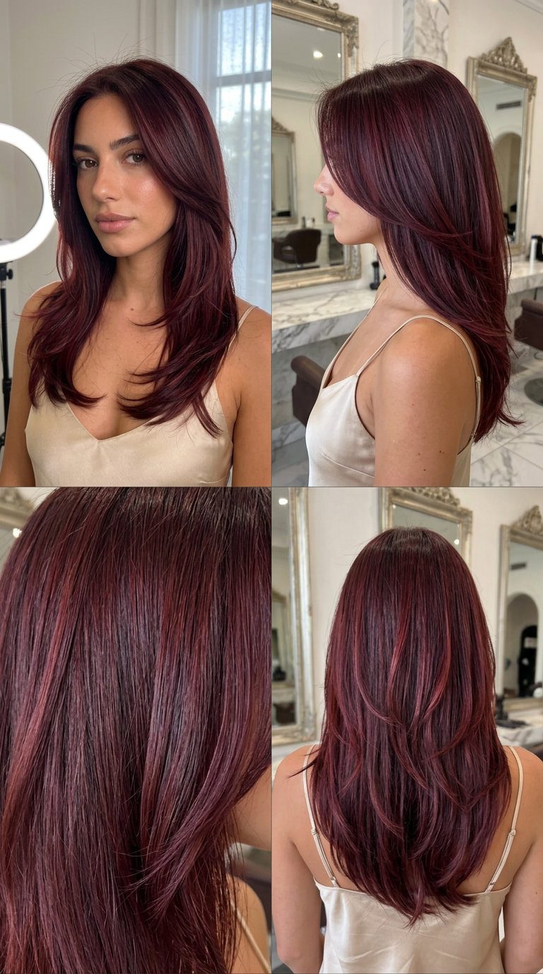 Cherry Cola Red Layers 2026 for Round Faces long layered haircut in cherry cola red with violet undertones, face-framing layers — bold glamorous sophisticated