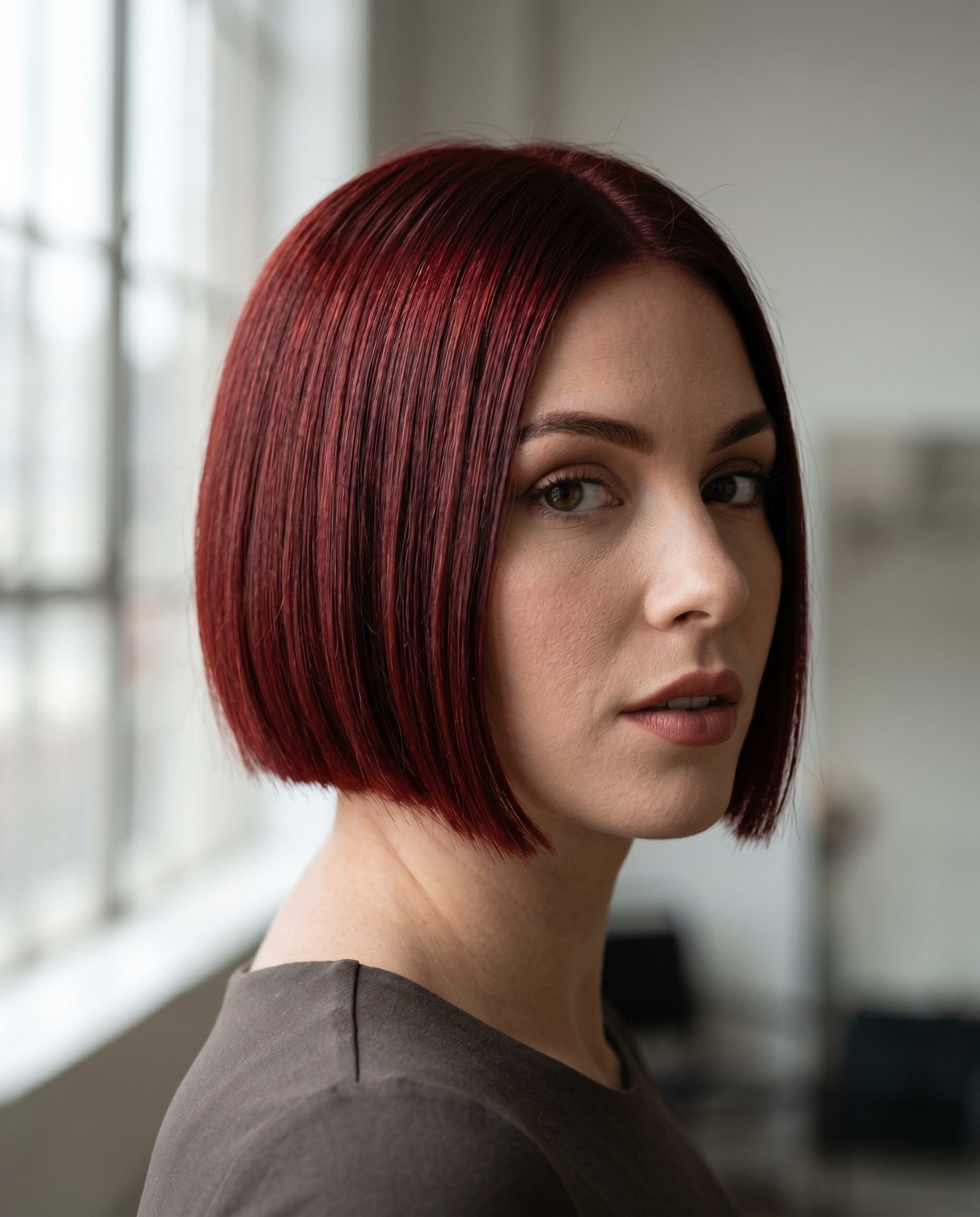 very short pixie haircut with cherry cola red, blunt cut, deep side part for date nights
