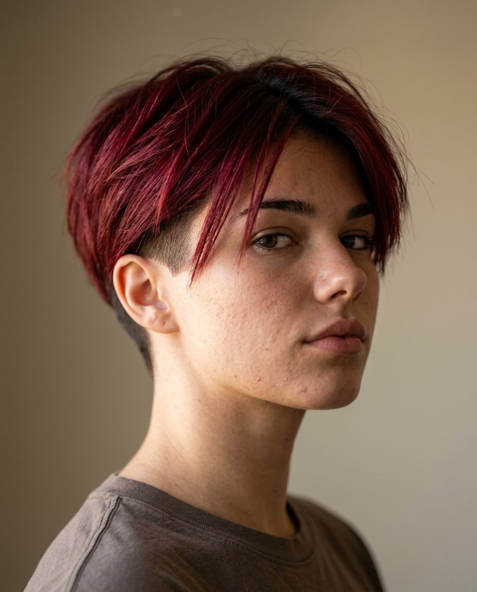 Cherry Cola Contrast Pixie Haircut 2026 very short pixie haircut with cherry cola red, violet undertones, black root — edgy, bold, rebellious