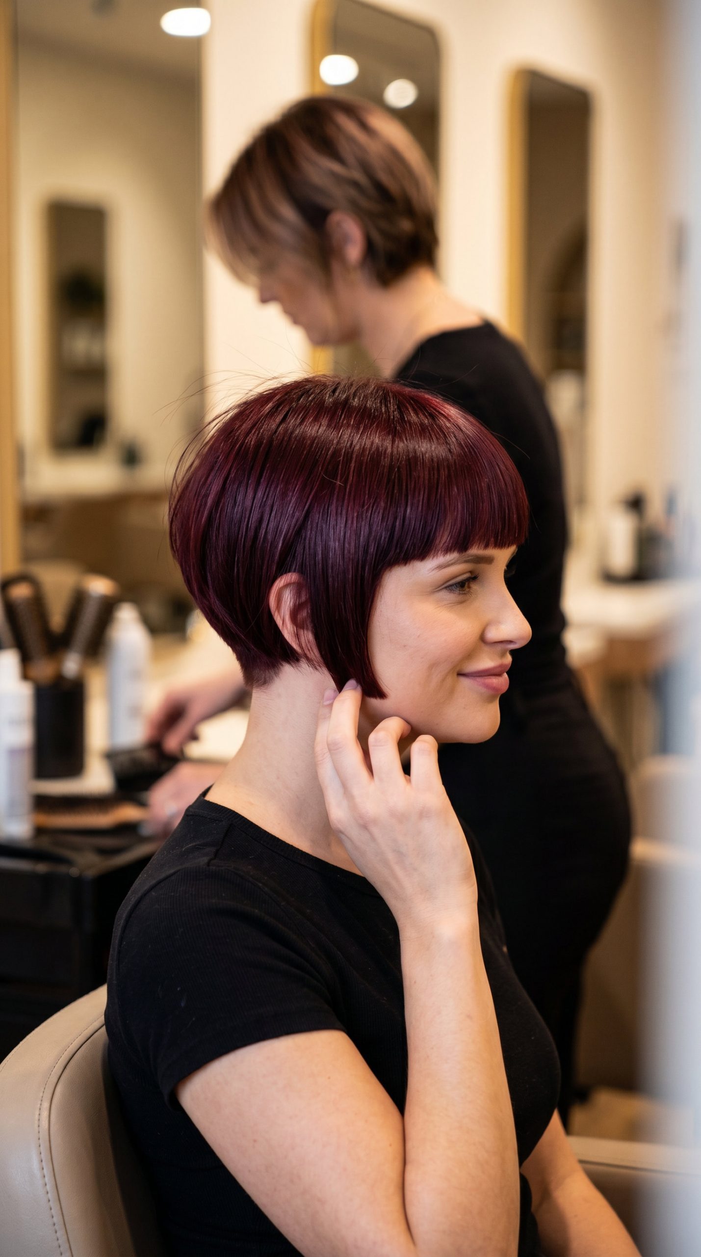 very short pixie haircut in cherry cola red with high gloss, blunt cut — dramatic date night