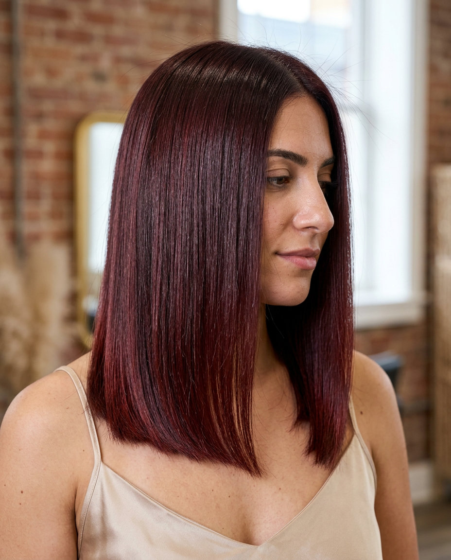 collarbone-length bob auburn color melt with cherry & mahogany tones, high-gloss finish