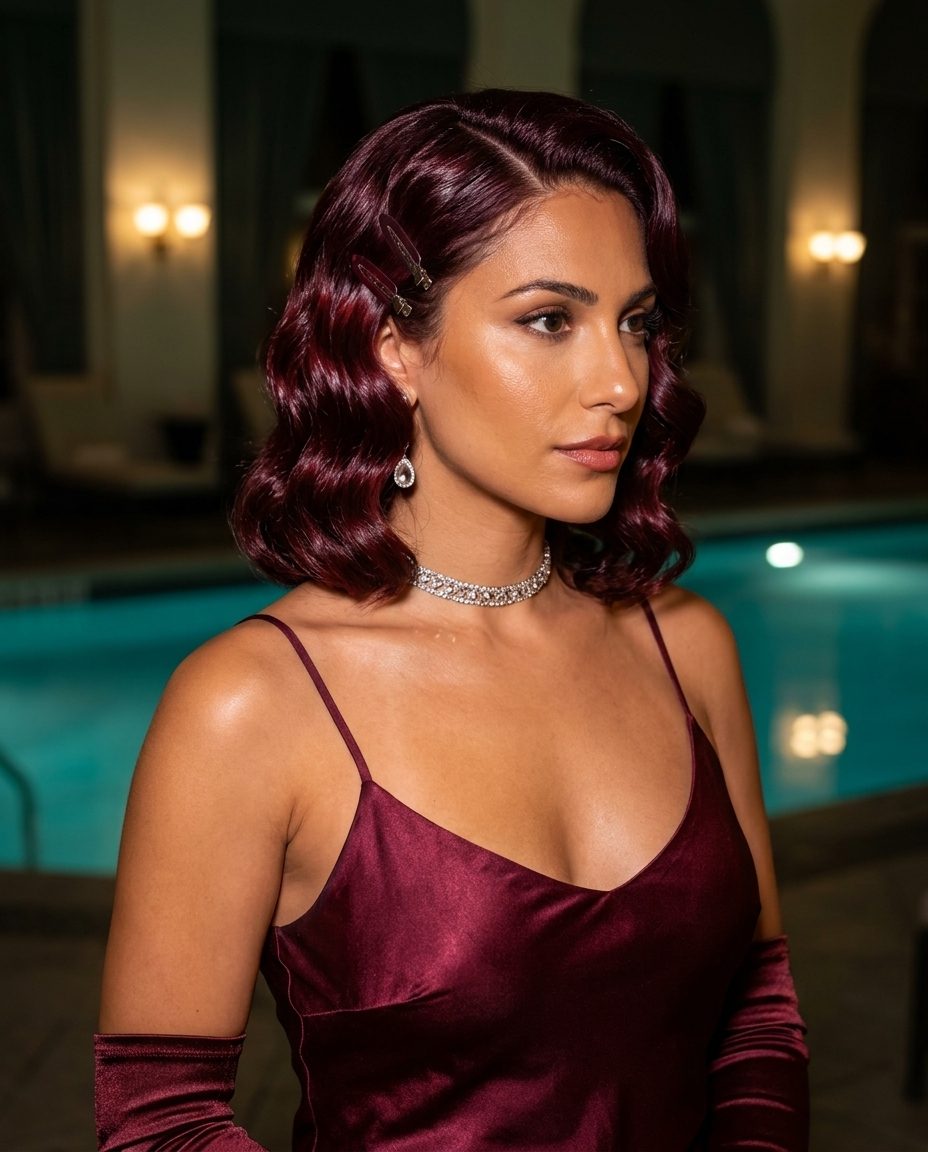 medium deep cherry red finger waves with sculpted waves for summer quick hairstyles 2026