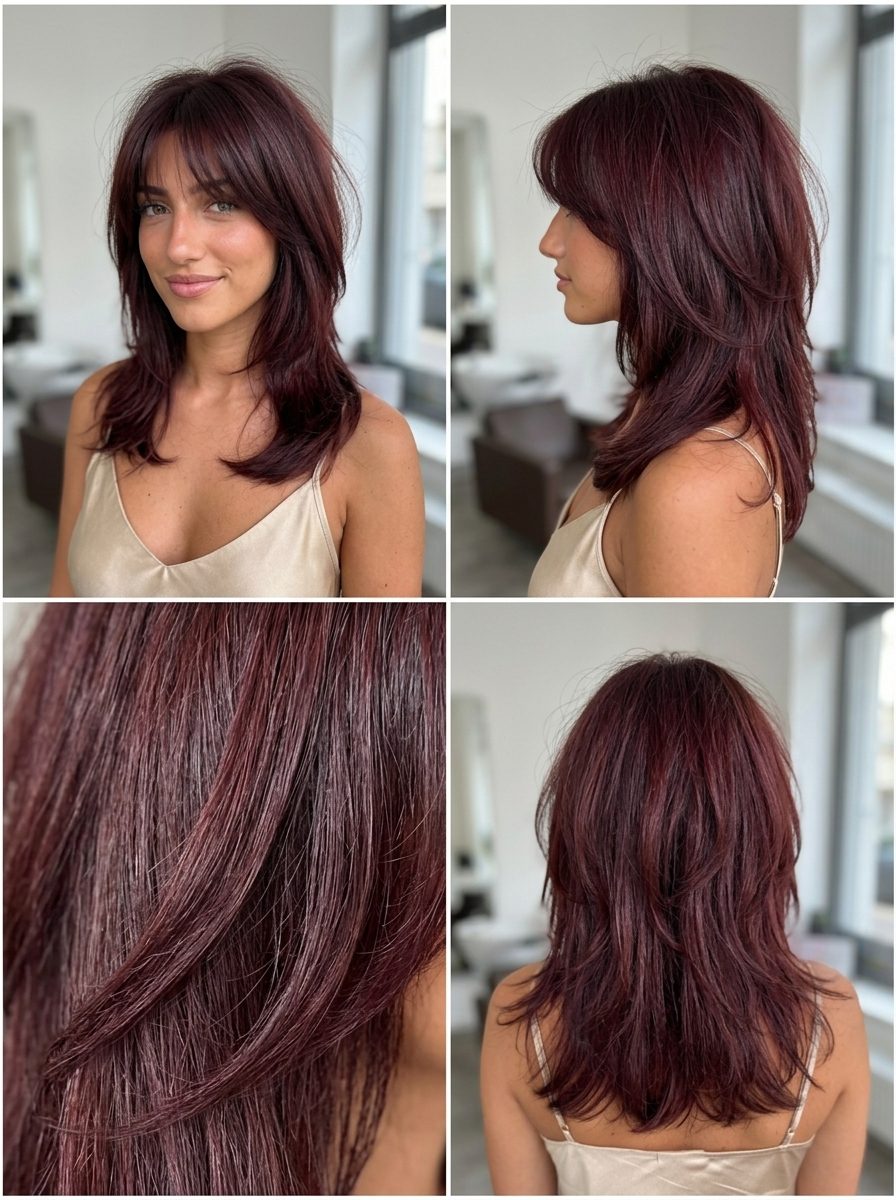 medium cherry red wolf cut with violet undertones, blunt-ended layers, face-framing fringe — retro vibe