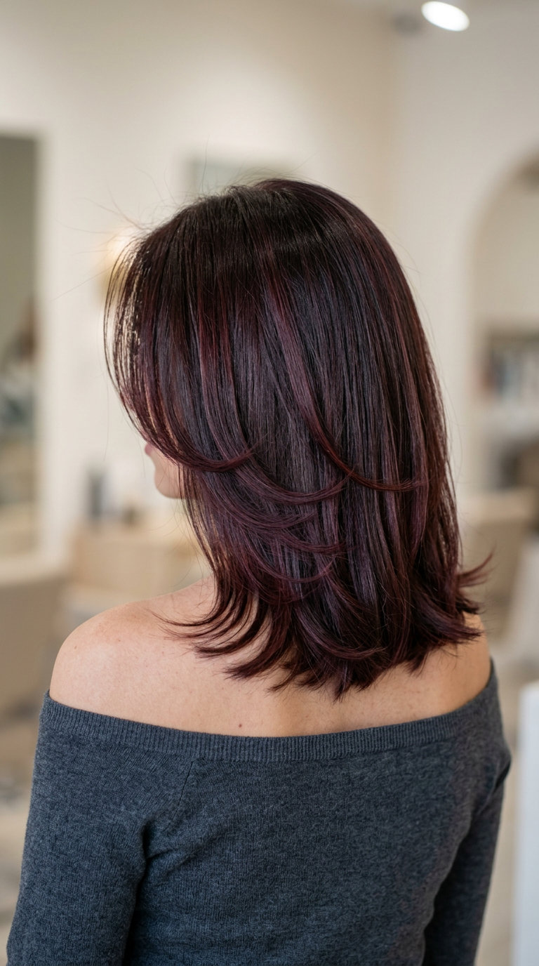 collarbone-length cherry roast cut with C-shaped layers and curtain bangs for date nights