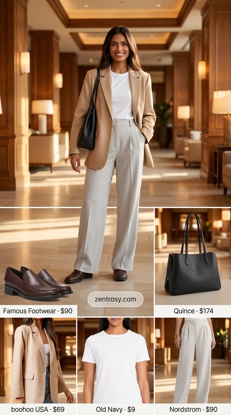 Chic Airport Outfits Summer 2026: Boardroom to Gate Chic airport outfits summer for women 2026: Beige blazer, white tee, and tailored trousers for business travel.