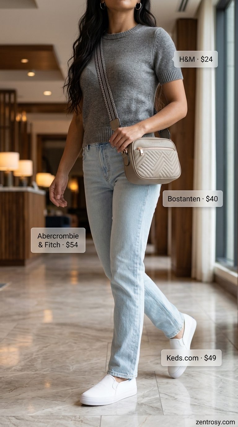Chic Airport Outfits Summer 2026: Classic Travel Style Chic airport outfits summer for women 2026: Light wash jeans, grey sweater, white sneakers, and crossbody bag for a classic travel look.
