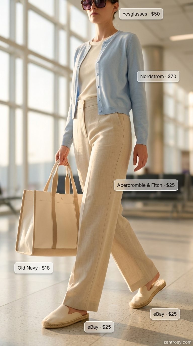 Chic Airport Outfits Summer 2026: Coastal Vacation Style Chic airport outfits summer for women 2026: Linen pants, knit tank, cardigan, espadrilles, and tote for coastal travel.