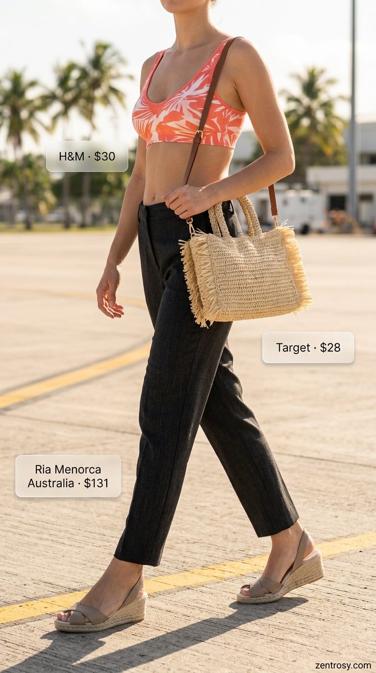 Chic Airport Outfits Summer 2026: Island Hopper Set Chic airport outfits summer for women 2026: Coral print set, bralette, espadrilles & raffia bag for island hopping.