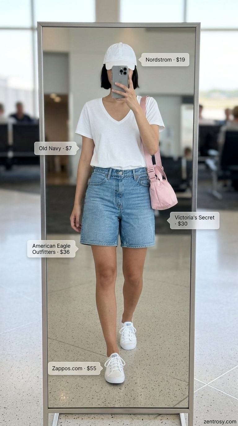 Chic Airport Outfits Summer 2026: Casual Denim Shorts Look Chic airport outfits summer for women 2026: Denim shorts, white tee, pink crossbody & cap for casual travel.