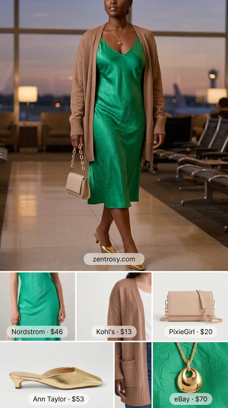 Chic Airport Outfits Summer 2026: Glamorous Evening Travel Chic airport outfits summer for women 2026: Emerald slip dress, nude cardigan, mini bag & gold heels.
