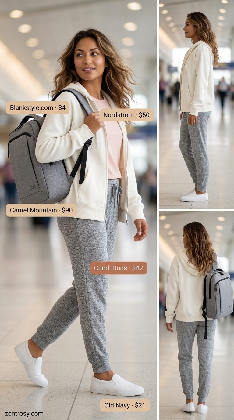 Chic Airport Outfits Summer 2026: Cozy Travel Comfort Chic airport outfits summer for women 2026: Grey joggers, blush tee, hoodie, backpack & sneakers.