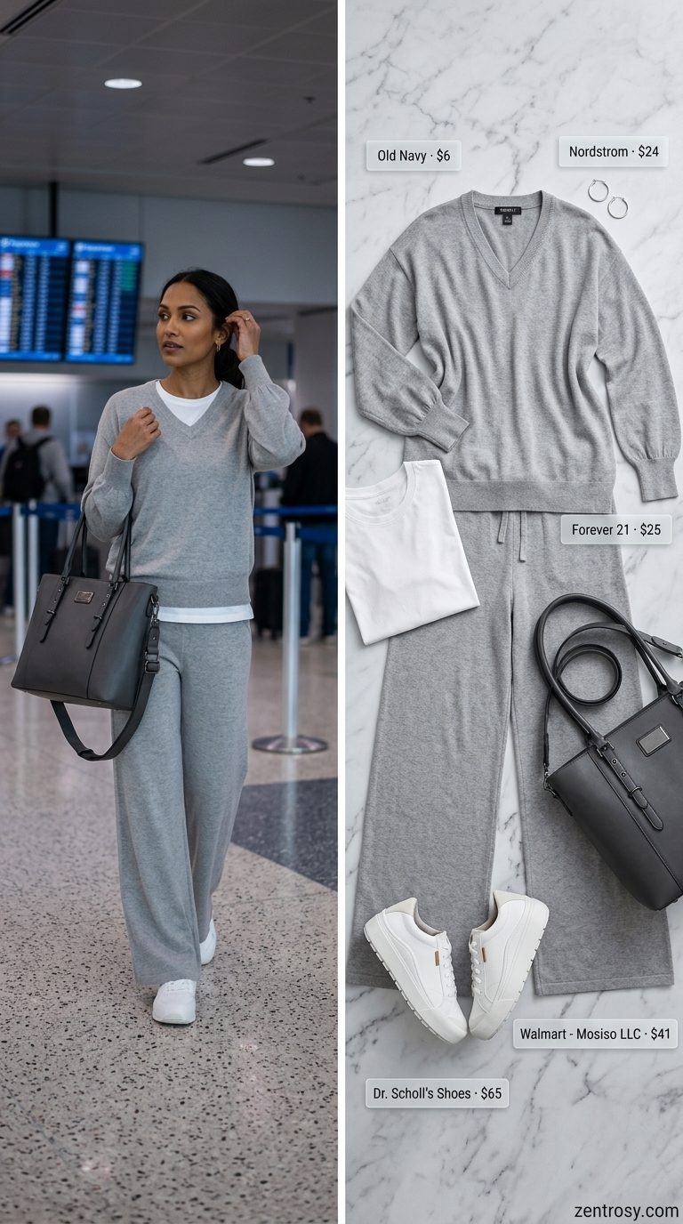 Chic Airport Outfits Summer 2026: Monochromatic Travel Set Chic airport outfits summer for women 2026: Grey matching set, white tee, tote & sneakers for long flights.
