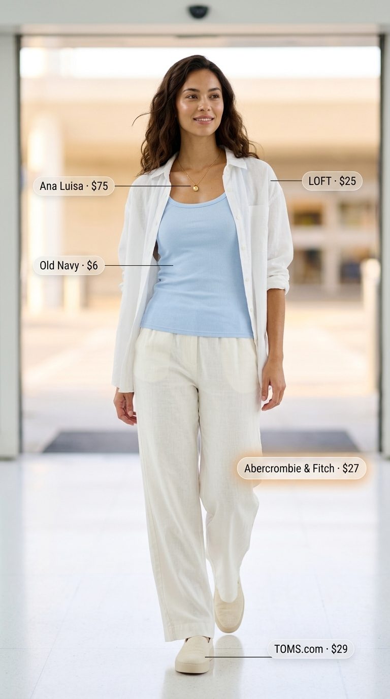 Chic Airport Outfits Summer 2026: Sunrise Departure Chic airport outfits summer for women 2026: Linen pants, oversized shirt, and canvas sneakers for relaxed travel.