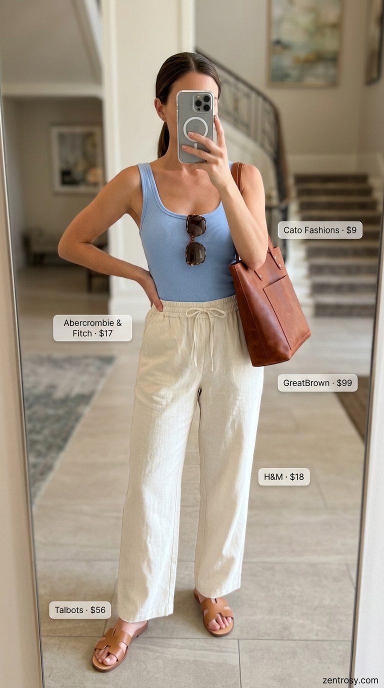 Chic Airport Outfits Summer 2026: Coastal Departure Chic airport outfits summer for women 2026: Linen pants, ribbed tank, and slide sandals for coastal travel.