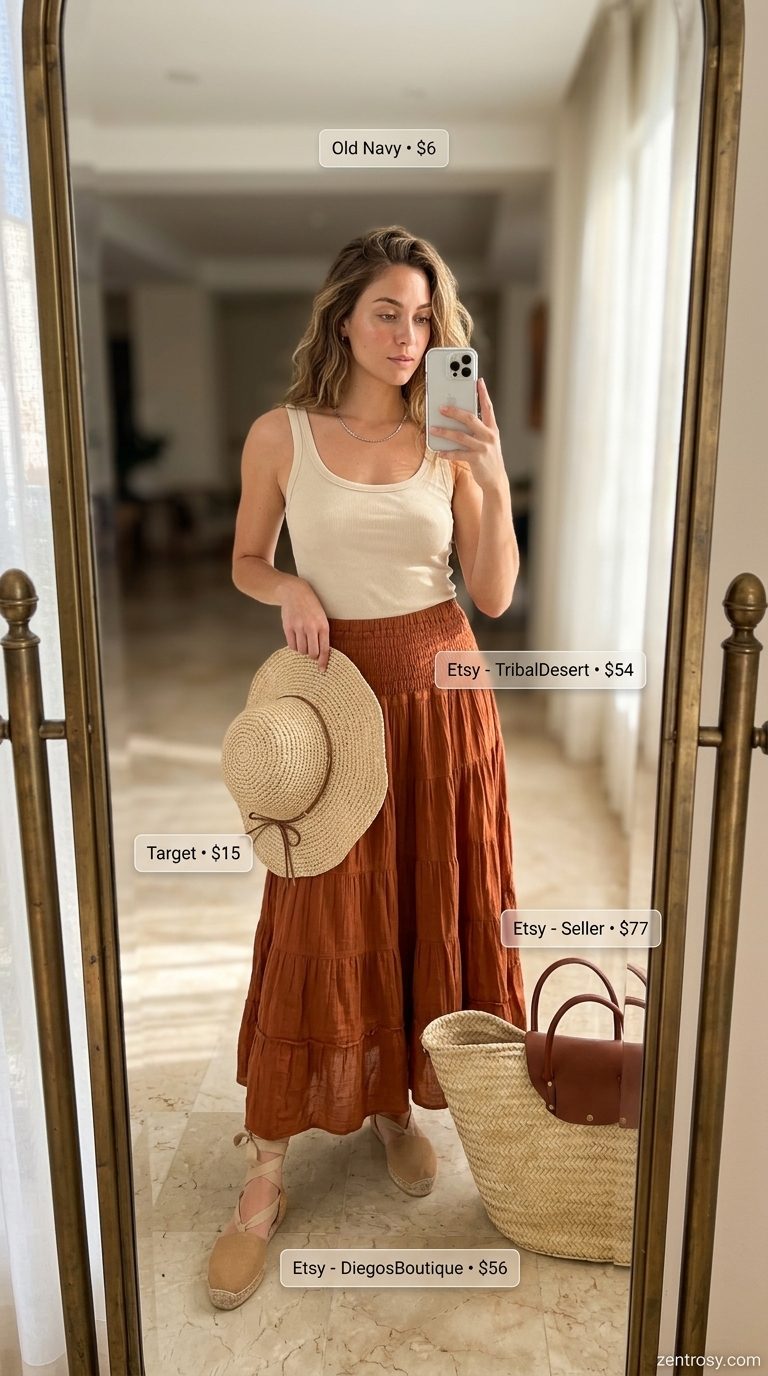 Chic Airport Outfits Summer 2026: Bohemian Boarding Pass Chic airport outfits summer for women 2026: Rust orange maxi skirt, straw bag, and espadrilles for bohemian travel.