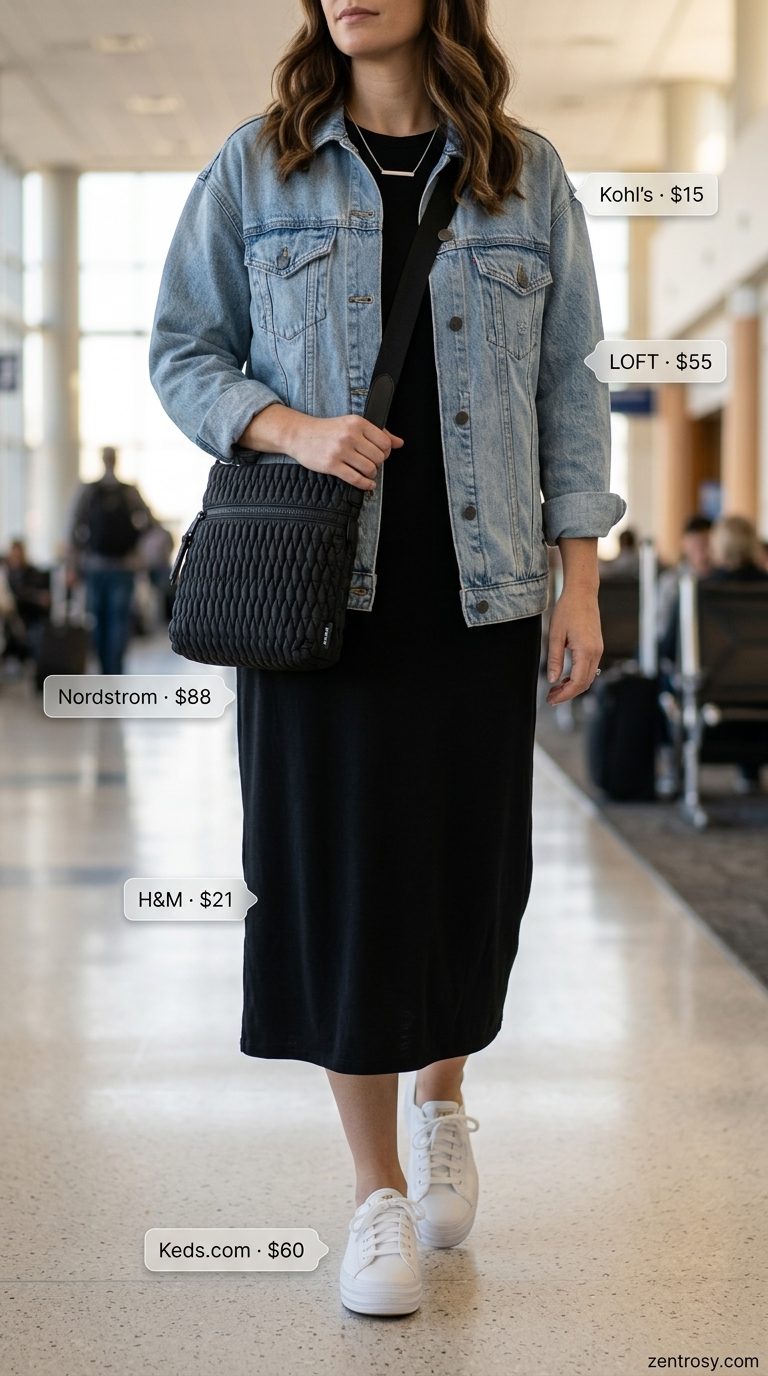 Chic Airport Outfits Summer 2026: Minimalist Travel Style Chic airport outfits summer for women 2026: Black maxi t-shirt dress, denim jacket, sneakers, and crossbody bag for minimalist travel.
