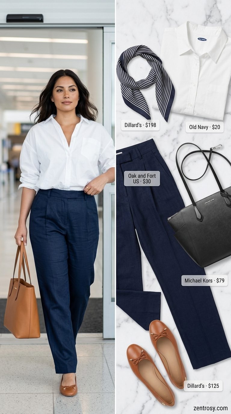 Chic Airport Outfits Summer 2026: Classic Linen Pants Chic airport outfits summer for women 2026: Navy linen pants, white shirt, tan flats, tote & neck scarf.