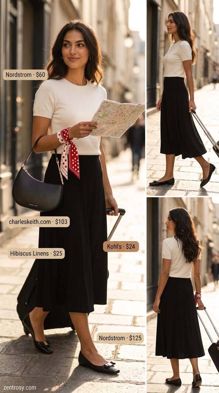 Chic Airport Outfits Summer 2026: Parisian Flight Style Chic airport outfits summer for women 2026: Black midi skirt, cream sweater, ballet flats, and scarf for Parisian travel.