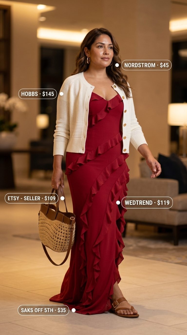 Chic Airport Outfits Summer 2026: Resort Travel Style Chic airport outfits summer for women 2026: Terracotta tiered dress, cream cardigan, straw tote, and gold earrings for resort travel.