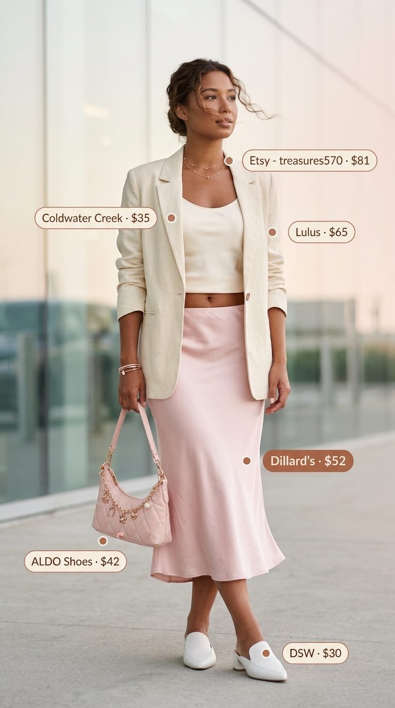 Chic Airport Outfits Summer 2026: Romantic Getaway Chic airport outfits summer for women 2026: Blush pink satin skirt, cream blazer, and mules for romantic travel.