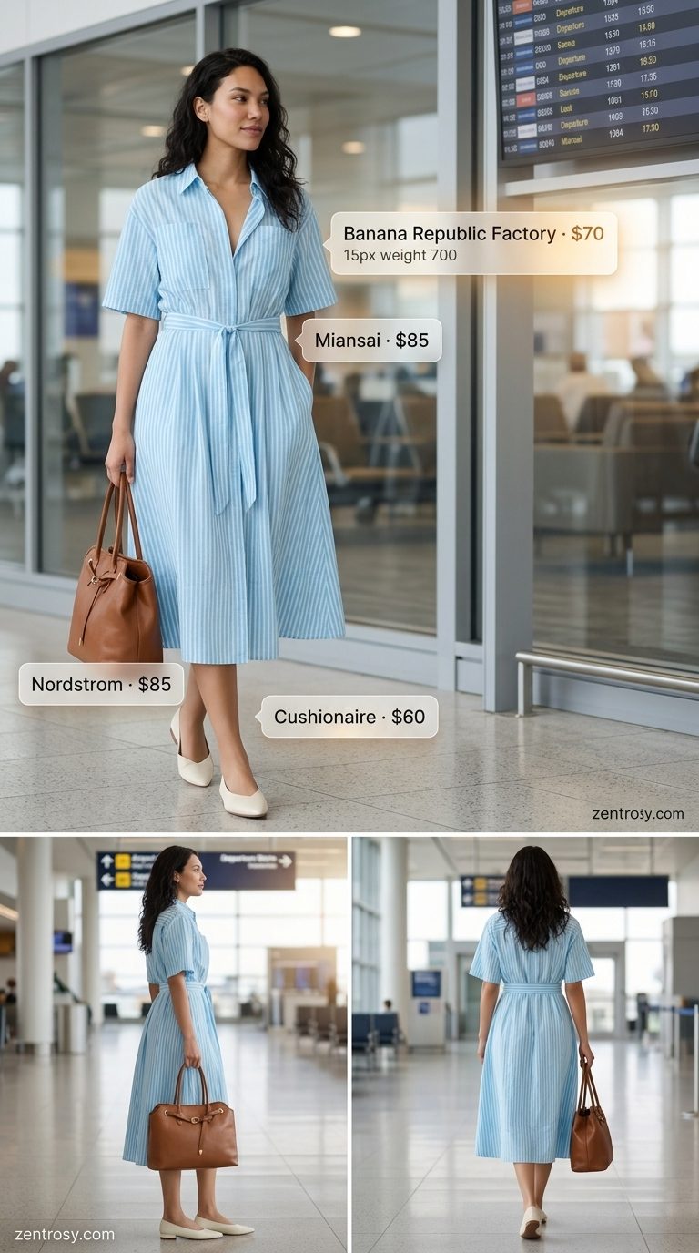 Chic Airport Outfits Summer 2026: Polished Layover Luxe Chic airport outfits summer for women 2026: Blue stripe shirt dress, ballet flats, and cognac bag for polished travel.