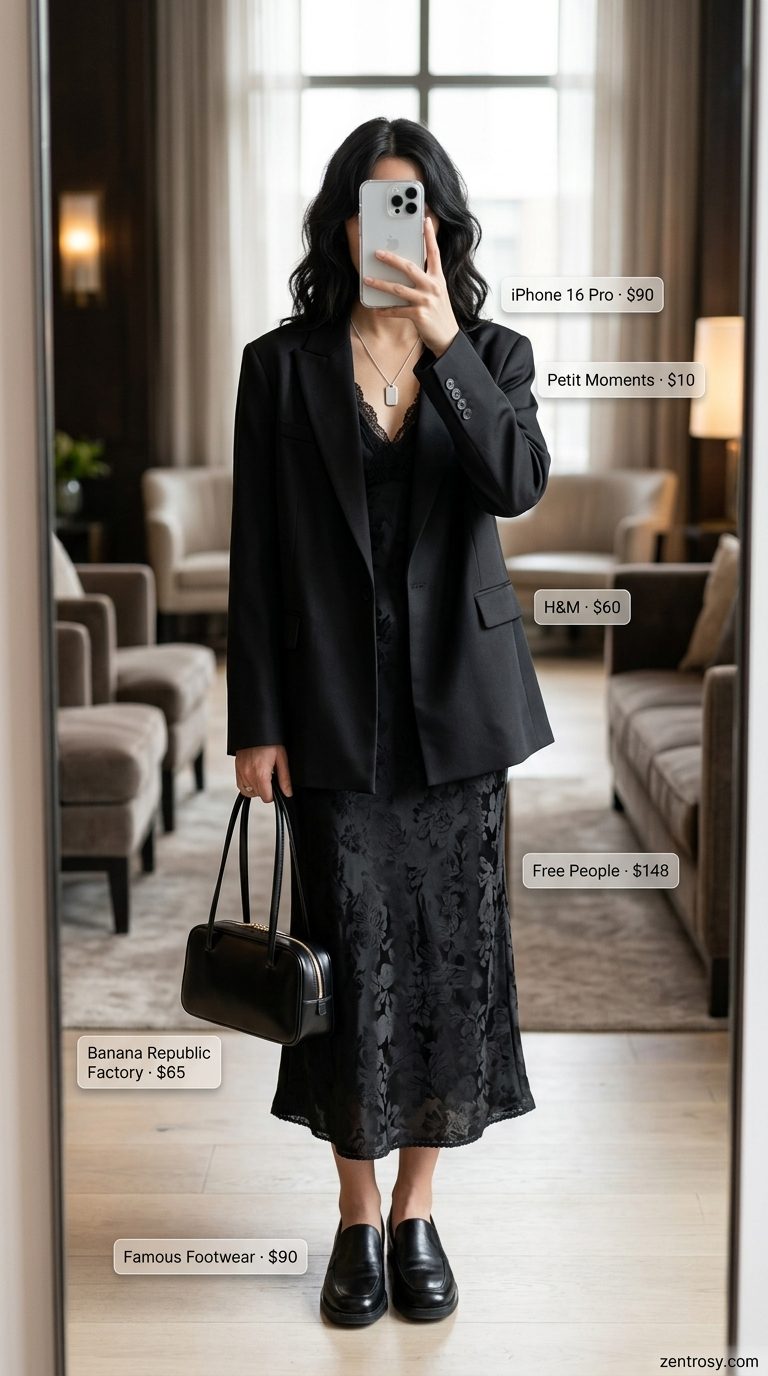 Chic Airport Outfits Summer 2026: European Connection Chic airport outfits summer for women 2026: Black slip dress, linen blazer, and loafers for sophisticated travel.