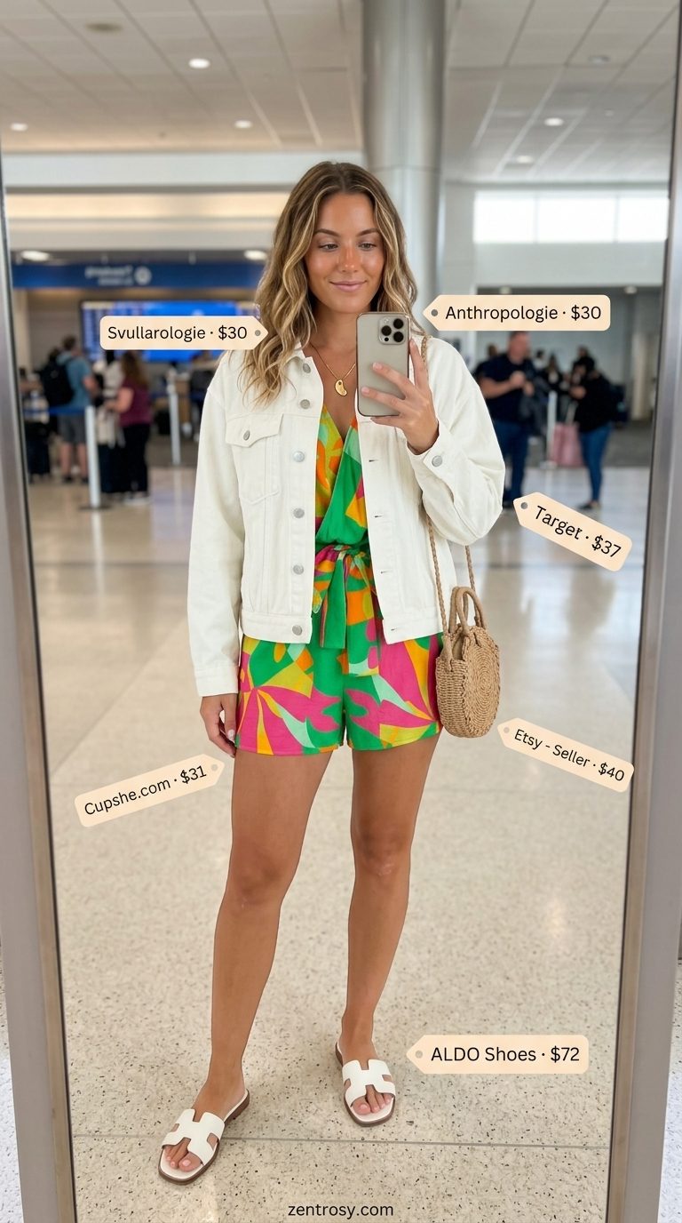 Chic Airport Outfits Summer 2026: Tropical Print Romper Chic airport outfits summer for women 2026: Tropical print romper, denim jacket, slides & straw bag.