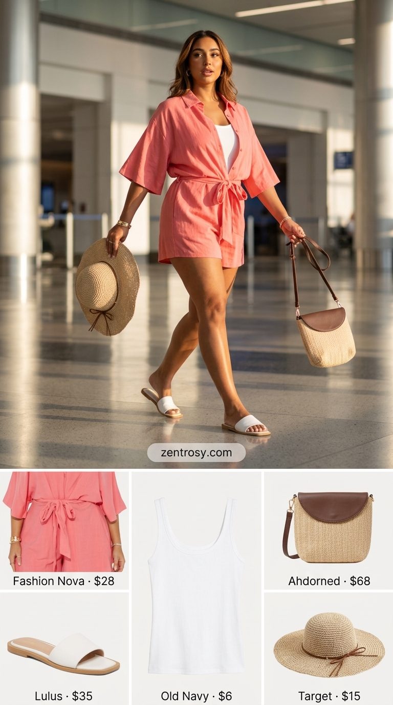 Chic Airport Outfits Summer 2026: Tropical Romper Style Chic airport outfit summer for women 2026: Coral pink romper, white tank, raffia bag & hat for tropical travel.