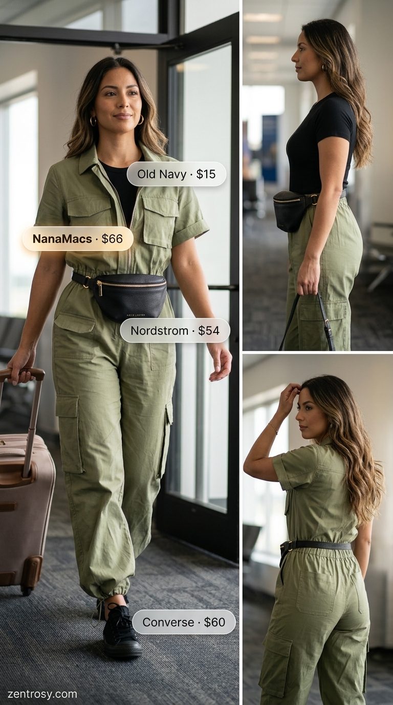 Chic Airport Outfits Summer 2026: Urban Explorer Style Chic airport outfits summer for women 2026: Olive green utility jumpsuit, black belt bag, sneakers, and gold hoops for city travel.