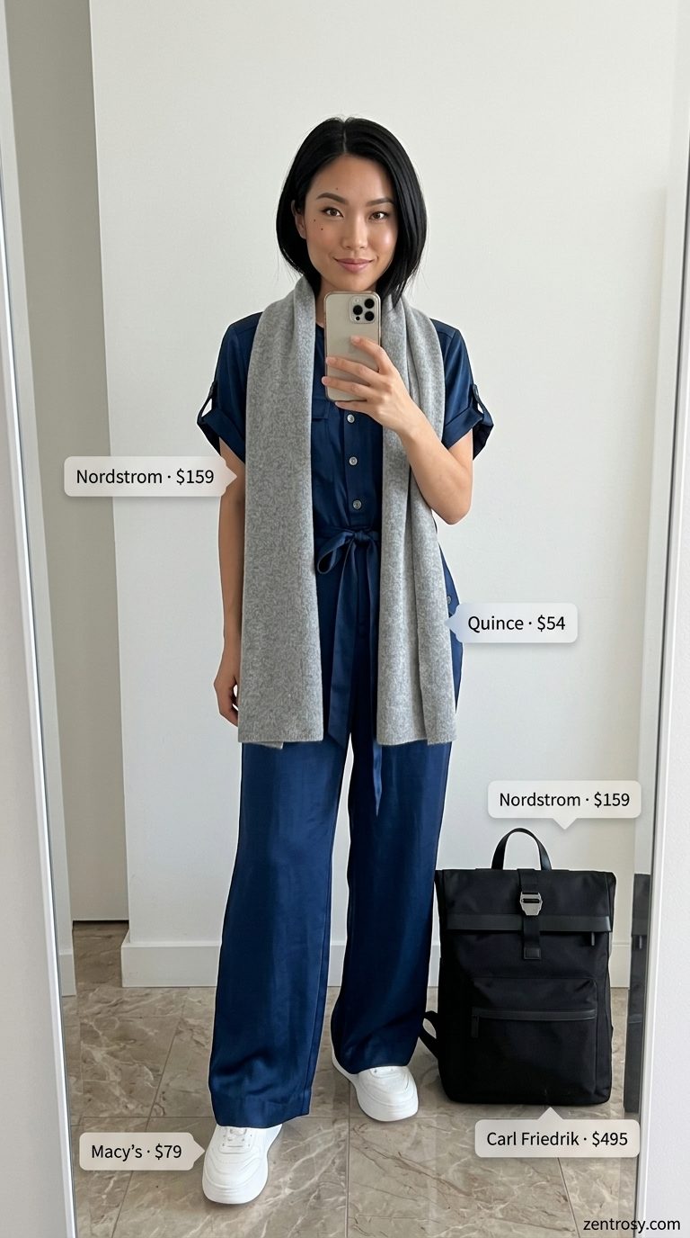 Chic Airport Outfits Summer 2026: Streamlined Hopper Chic airport outfits summer for women 2026: Navy utility jumpsuit, sneakers, and backpack for city travel.
