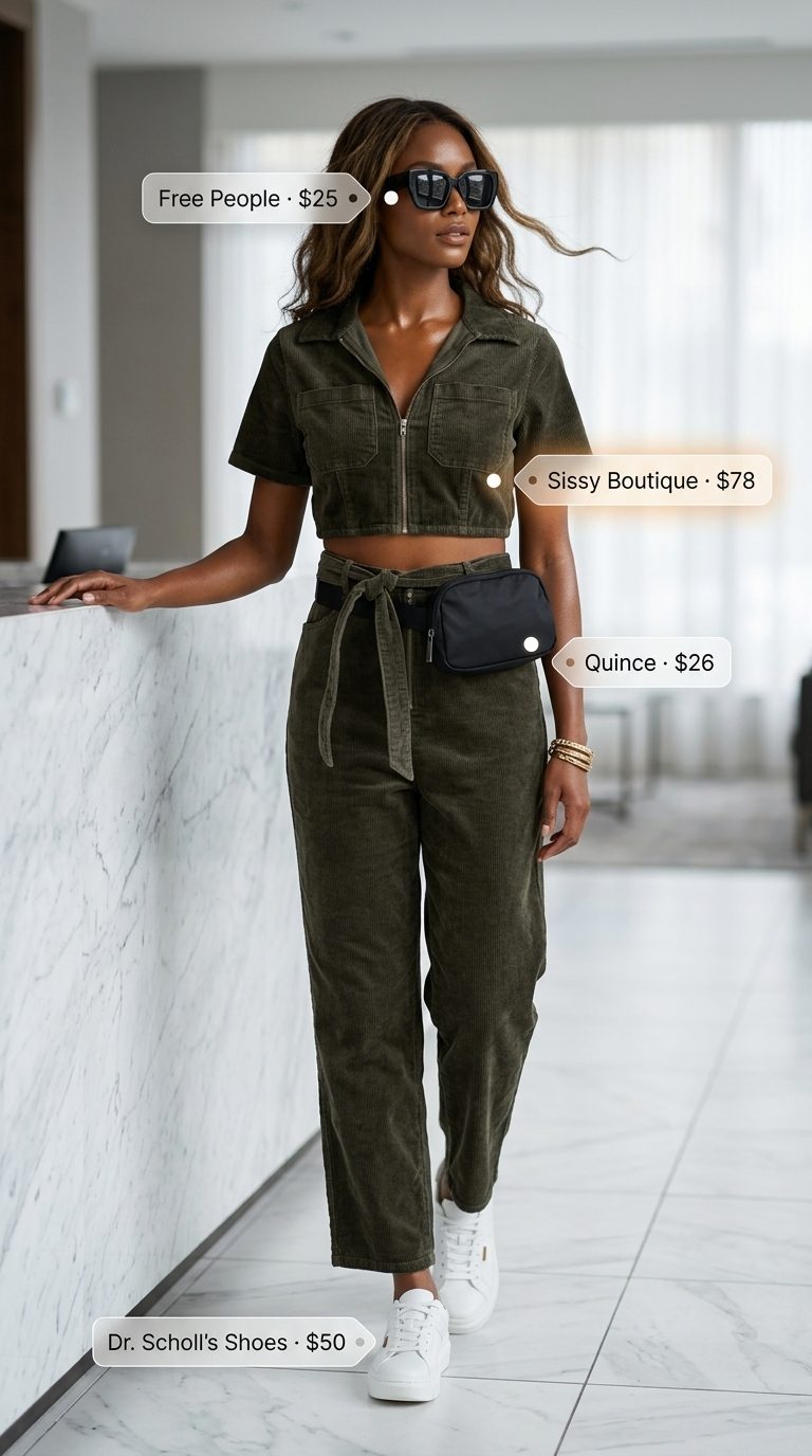 Chic Airport Outfits Summer 2026: Jet Set Utility Chic airport outfits summer for women 2026: Olive green utility jumpsuit, black belt bag, and white sneakers for travel.