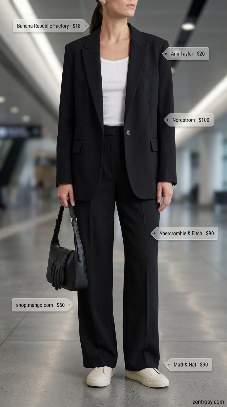 Chic Airport Outfits Summer 2026: Downtown Departure Chic airport outfits summer for women 2026: Wide-leg trousers, blazer, and sneakers for modern city travel.