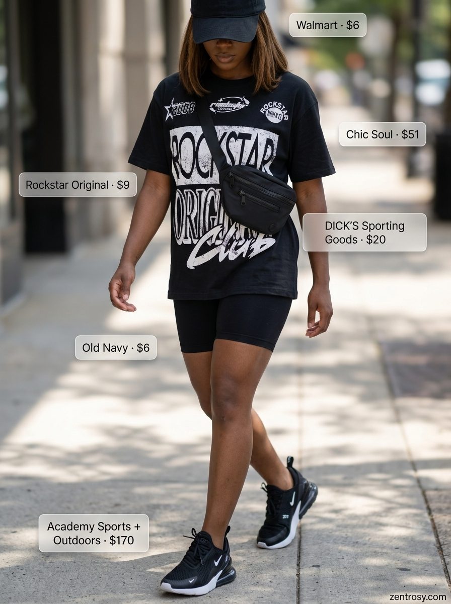 Chic All Black Summer Outfits 2026: Athleisure All-Black Chic all black summer outfit 2026: biker shorts, graphic tee, baseball cap, and sneakers for athleisure style.