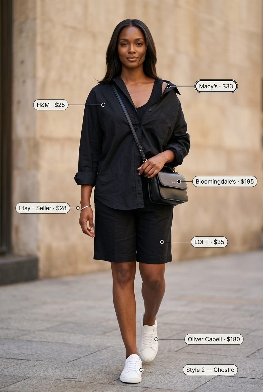 Tailored Black Shorts for City Outing 2026 Chic all black summer outfits for women 2026: Tailored Bermuda shorts with an oversized white shirt and leather crossbody.