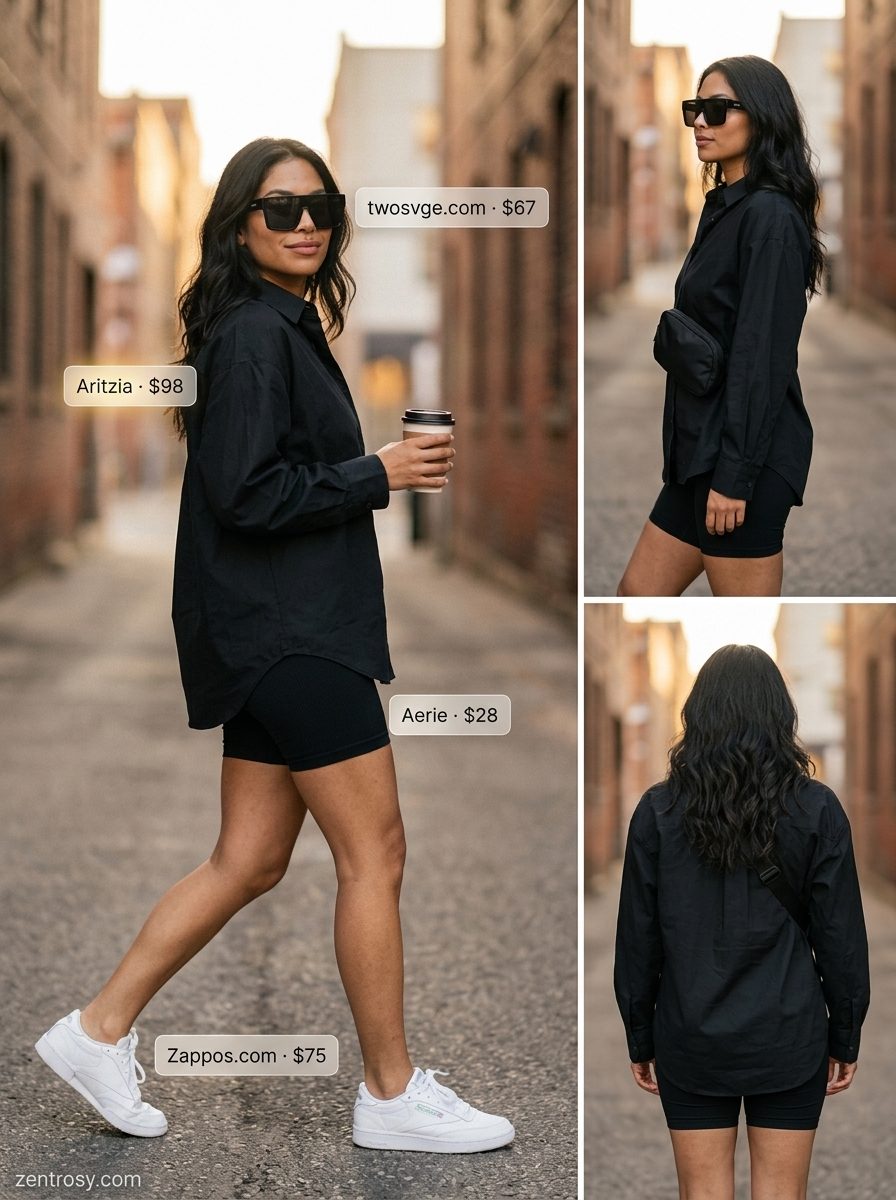 Chic All Black Summer Outfits 2026: Athleisure Style Chic all black summer outfits for women 2026: Biker shorts, oversized shirt, and sneakers for casual outings.