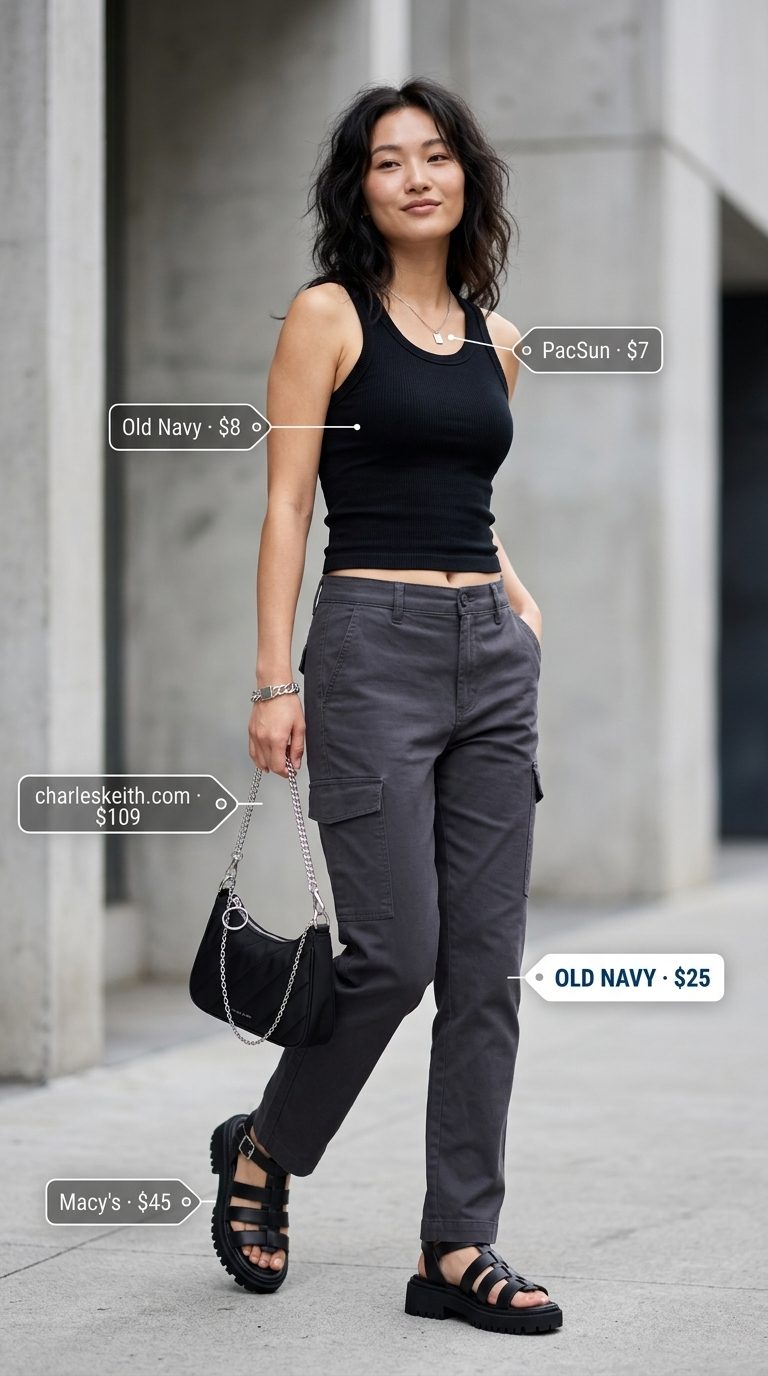 Trendy Black Cargo Pants for Street Style 2026 Chic all black summer outfits for women 2026: Trendy cargo pants with a fitted tank and chunky sandals for street style.