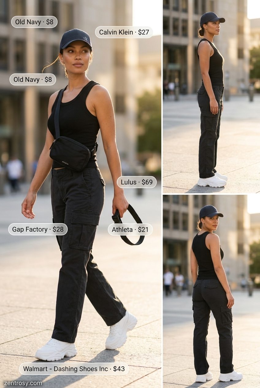 Chic All Black Summer Outfits 2026: Casual Cargo Style Chic all black summer outfit 2026: cargo pants, fitted tank, crossbody bag, and platform sneakers for casual cool.
