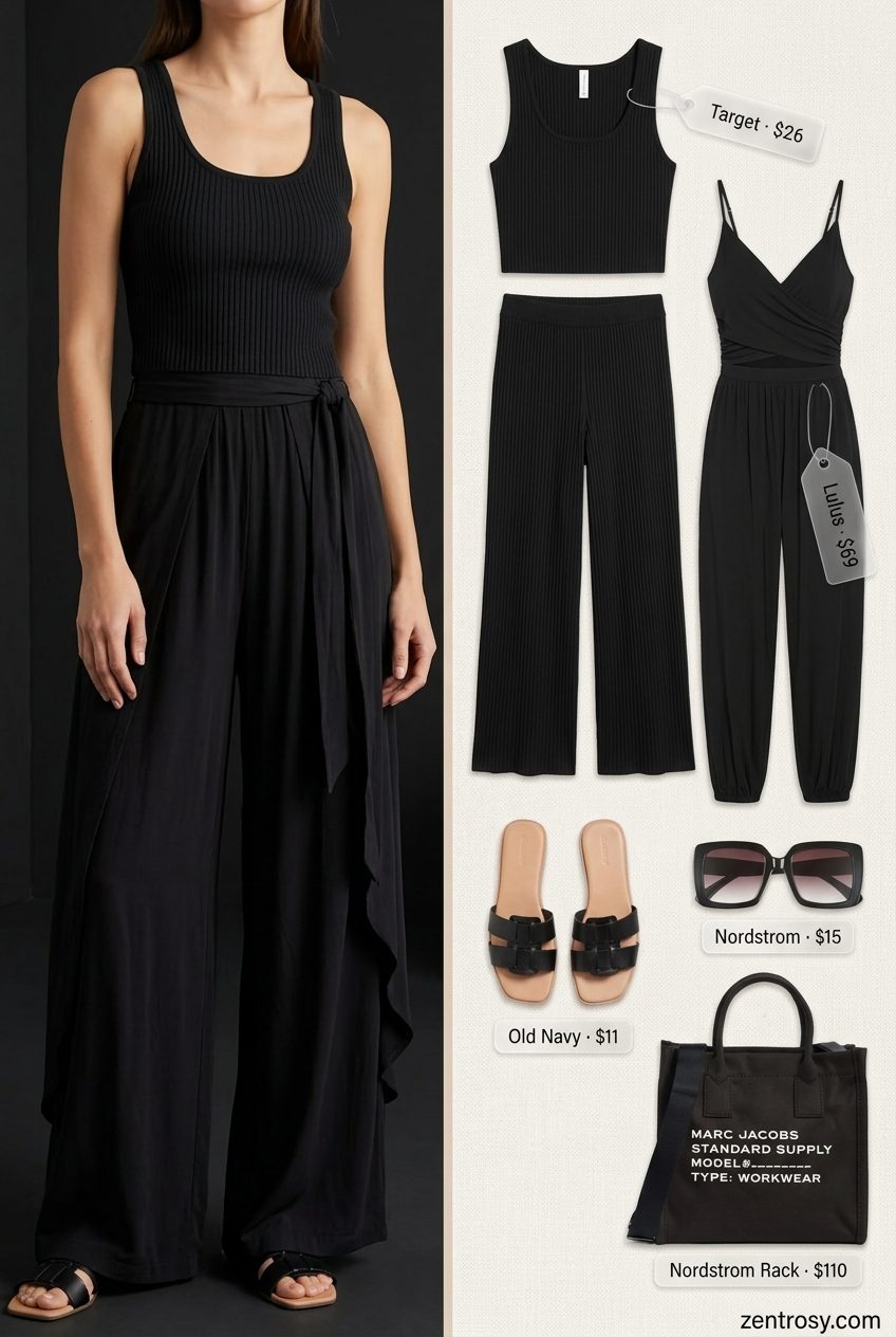 Chic All Black Summer Outfits 2026: Casual Comfort Set Chic all black summer outfit 2026: knit set with palazzo pants and tank top, slides, and tote bag for comfort.