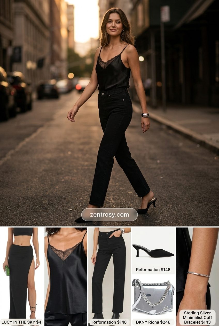Chic All Black Summer Outfits 2026: Elevated Denim Chic all black summer outfits for women 2026: Jeans, lace cami, and heeled mules for elevated denim.