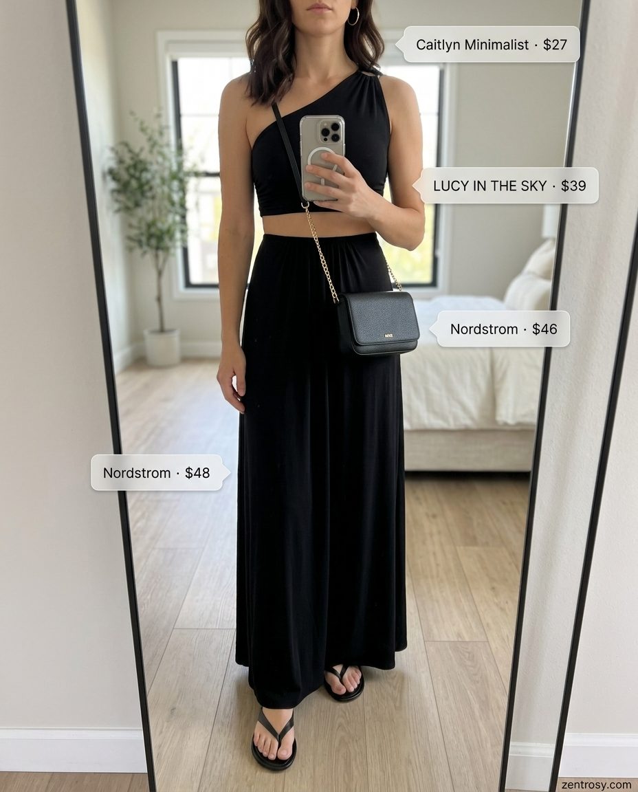 Chic All Black Summer Outfits 2026: Effortless Maxi Flow Chic all black summer outfit 2026: maxi dress, flat sandals, crossbody bag, and hoop earrings for effortless elegance.