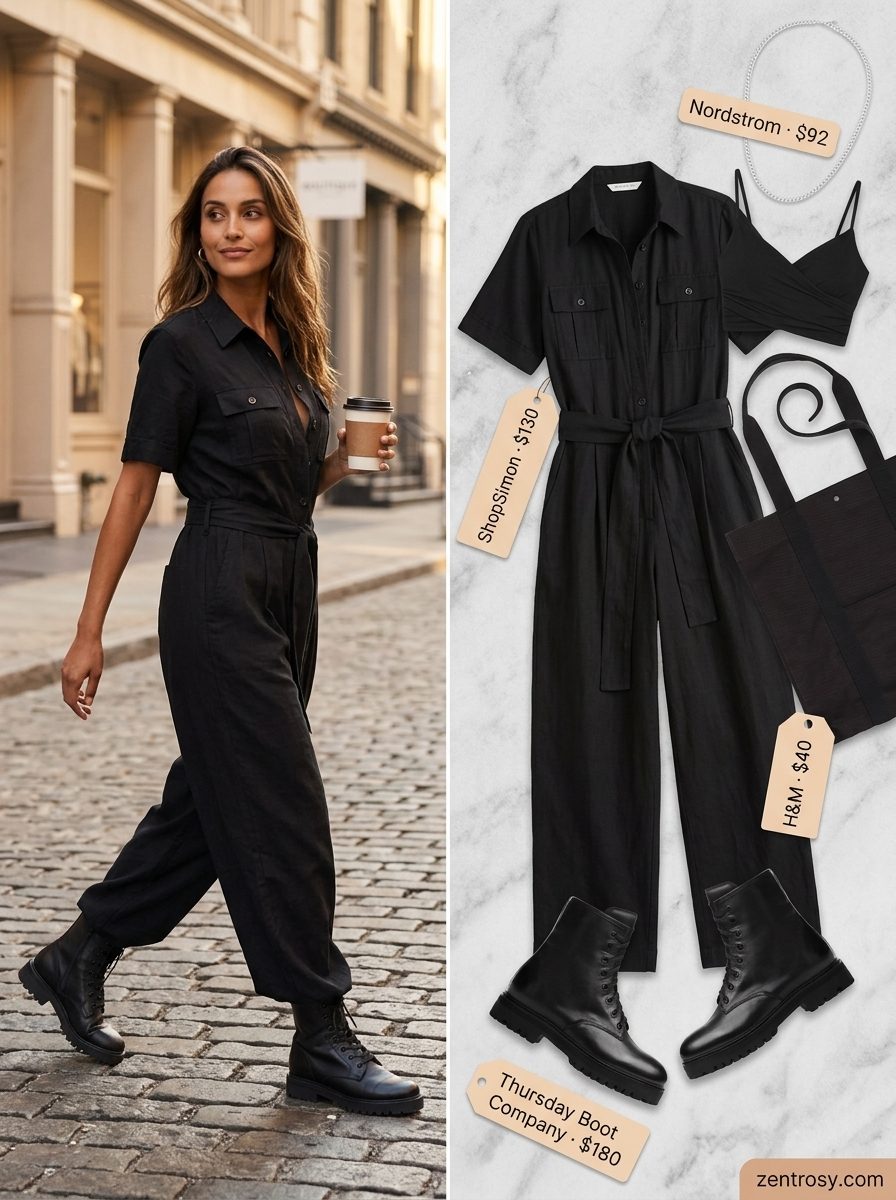 Chic All Black Summer Outfits 2026: Utility Jumpsuit Chic all black summer outfits for women 2026: Utility jumpsuit with combat boots for effortless style.