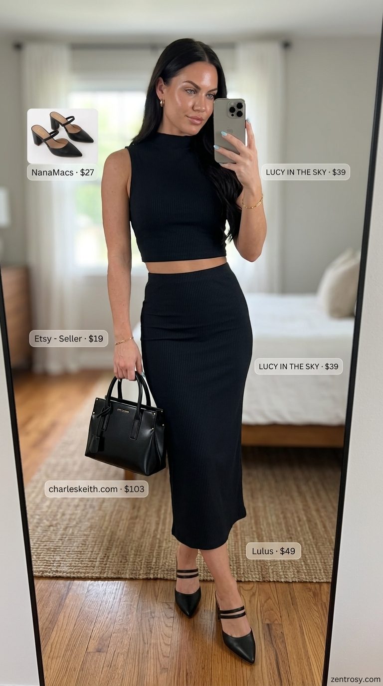 Chic All Black Summer Outfits 2026: Monochrome Knit Set Chic all black summer outfits for women 2026: Knit set with mules for polished daytime events.
