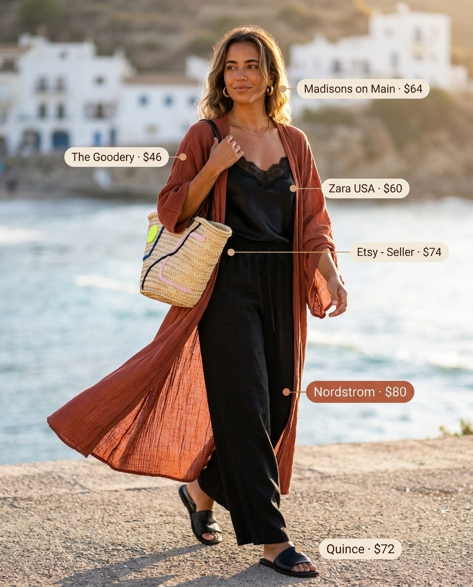 Effortless Black Linen Pants for Summer 2026 Chic all black summer outfits for women 2026: Relaxed linen wide-leg pants with a sheer duster for resort wear.