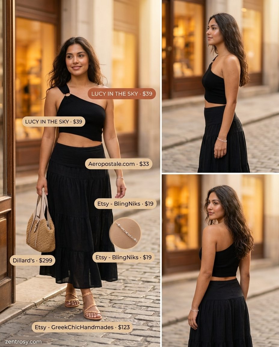 Flowy Black Maxi Skirt for Summer Evening 2026 Chic all black summer outfits for women 2026: Flowy black maxi skirt with a tank top and straw tote for a casual evening.