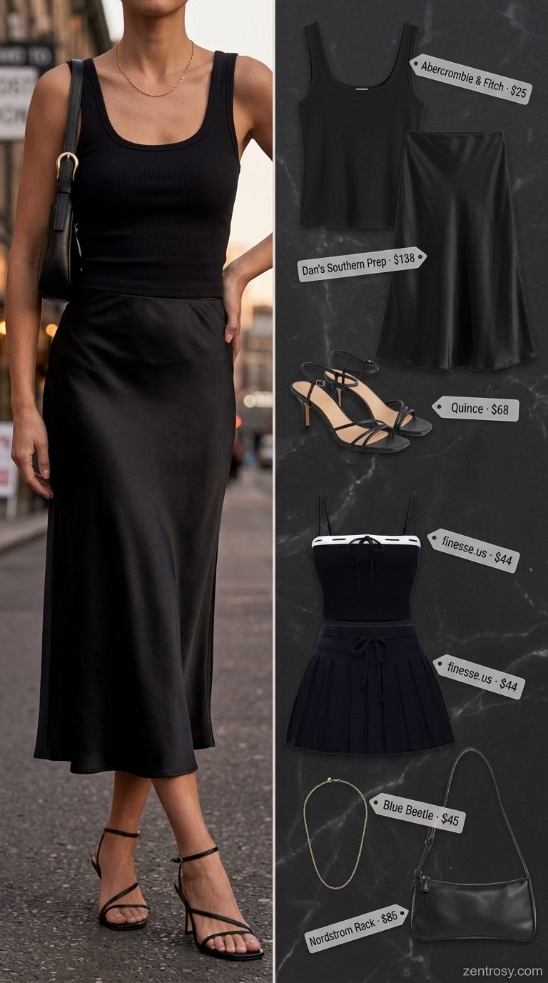 Chic All Black Summer Outfits 2026: Midi Skirt Set Chic all black summer outfits for women 2026: Midi skirt, knit tank, and heeled sandals for sophisticated look.