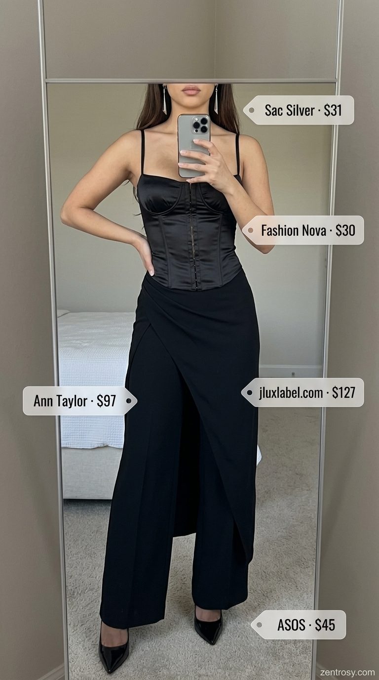 Chic All Black Summer Outfits 2026: Midnight City Sleek Chic all black summer outfit 2026: corset top, wide-leg pants, stiletto heels, and shoulder bag for a night out.