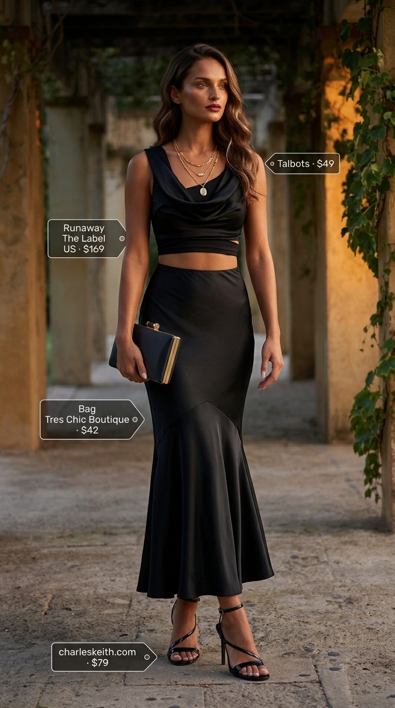 Chic Black Maxi Dress for Summer Gala 2026 Chic all black summer outfits for women 2026: Elegant black cowl neck maxi dress with gold jewelry for a summer gala.