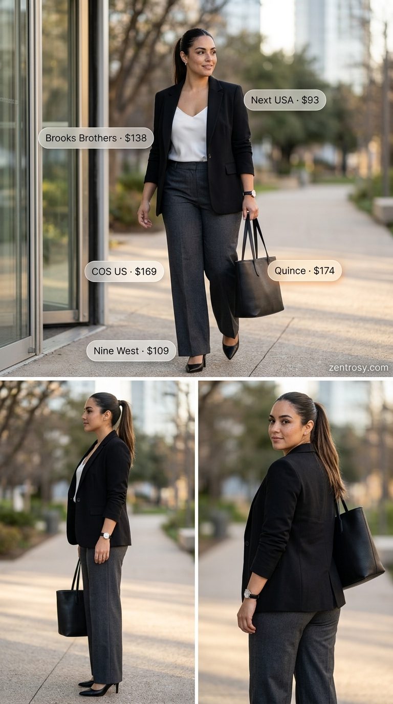Polished Black Power Suit for Summer Office 2026 Chic all black summer outfits for women 2026: Polished black power suit with wide-leg trousers and silk camisole for office.