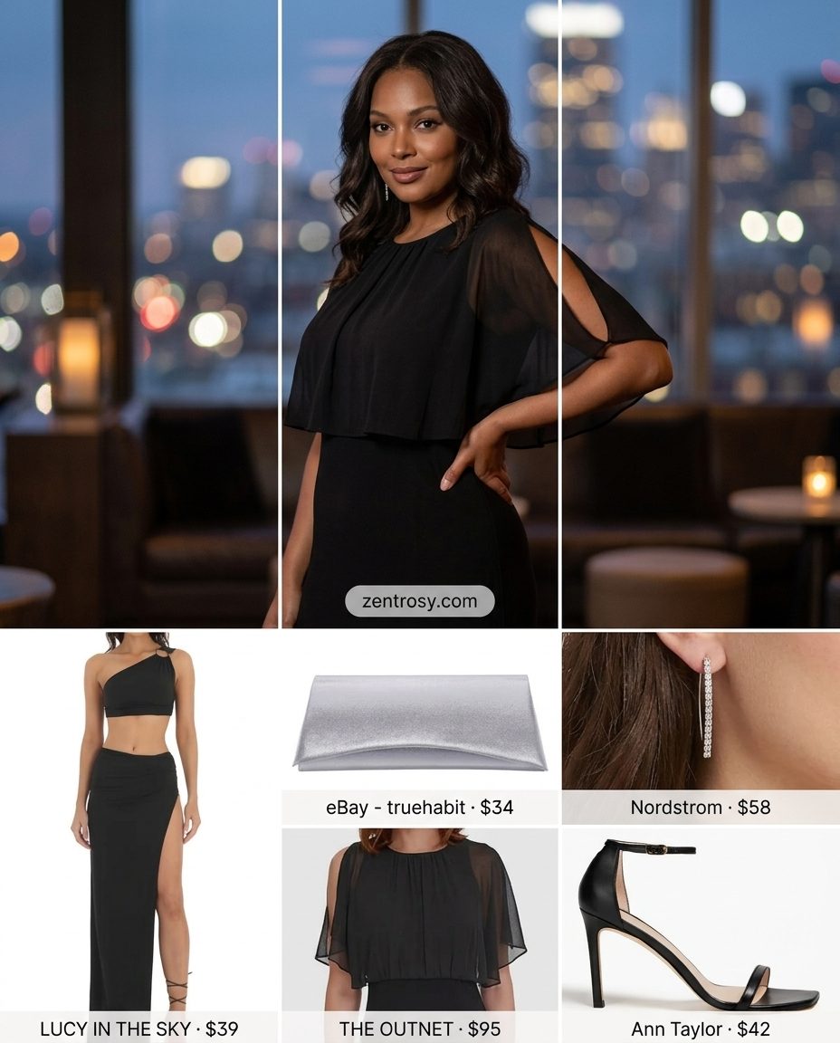 Chic All Black Summer Outfits 2026: Sheer Overlay Dress Chic all black summer outfits for women 2026: Sheer overlay dress with silver clutch for cocktail events.